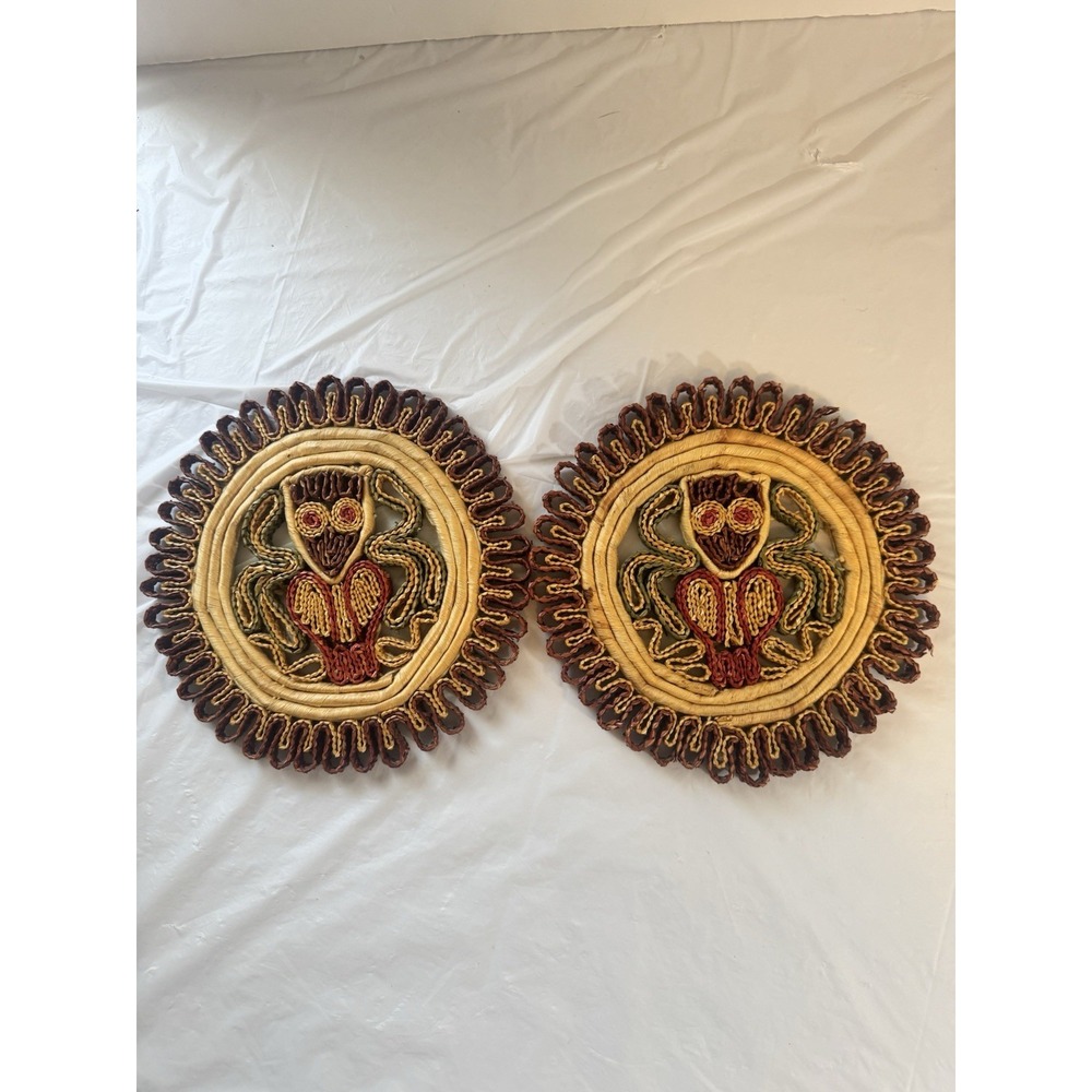 Vintage 1970s Woven Raffia Straw Owl Trivets Pair Boho Wall Decor Hot Pads NWOT
